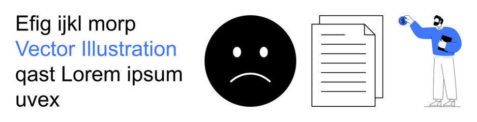 Obraz premium Communication, global connectivity, data sharing, emotions, documentation, teamwork. Black sad face icon, stack of documents man holding a globe. Communication and global connectivity concepts