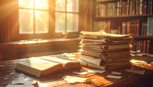 An isolated pile of old books forms a tall stack of literature and paper, representing a group of textbooks for school education and wisdom found in a library