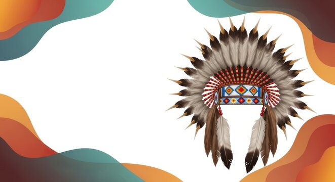 Native American headdress with colorful beadwork displayed on a white background with abstract shapes