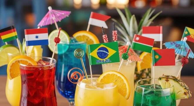 Vibrant international cocktails with flags from various countries, perfect for a global celebration or travel-themed event.