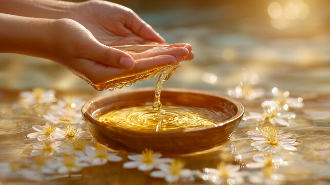 cosmetic oil dripping on hands with spa background and flower petals in water