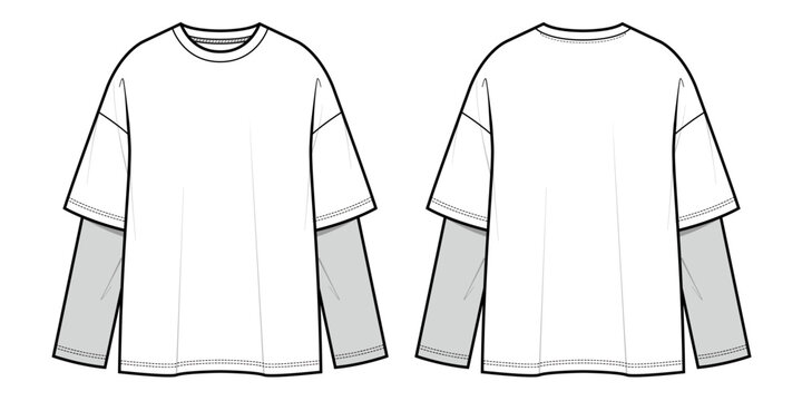 Women Layered T-Shirt Technical Flat Sketch, Oversized Short Sleeve and Long Sleeve Double Layer Tee Front Back