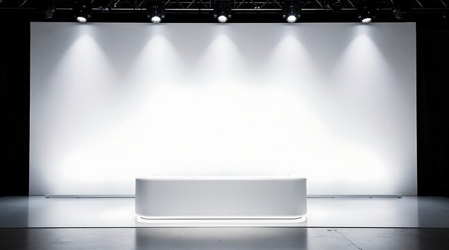 Brightly Lit Stage with White Backdrop and Modern Podium for Presentations.