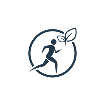 Abstract runner silhouette in circle with leaf eco fitness logo