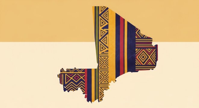 Mali map silhouette with vibrant African textile patterns on a split neutral background
