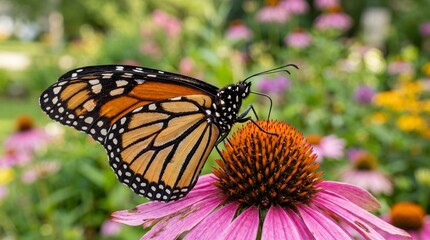 Fototapeta premium Monarch Butterfly on Purple Coneflower - Nature Pollination Concept made by AI generative