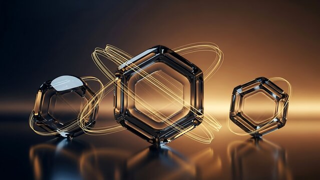 Three metallic hexagons with glowing lines float on stands in a dark room