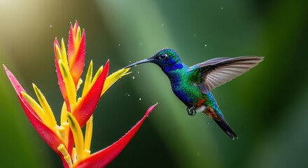 Fototapeta premium Vibrant Hummingbird Sips Nectar from Exotic Heliconia Flower in Lush Tropical Garden.