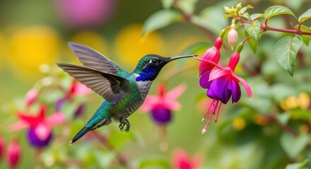 Fototapeta premium Vibrant Hummingbird Hovering and Feeding on a Fuchsia Flower.