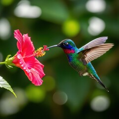 Fototapeta premium Vibrant Hummingbird Feeding on a Red Hibiscus Flower in a Lush Garden.