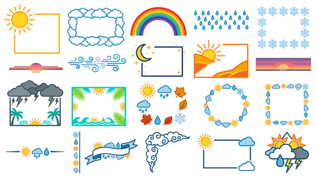 Colorful weather infographic icon set with sun, clouds, rainbow, rain, snow, wind, storm maps, forecast charts and climate symbols