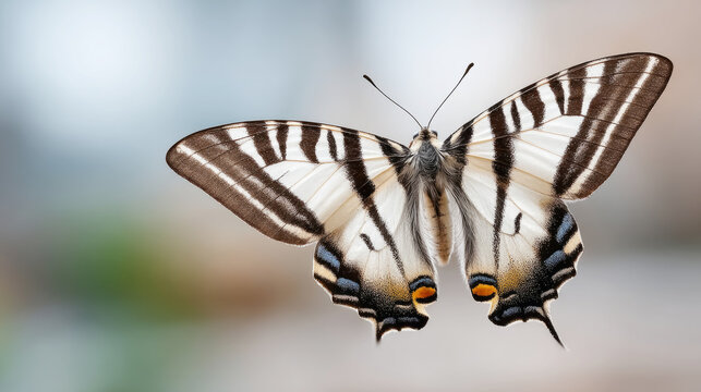 Scarce swallowtail butterfly in flight with striped wings and patterned tail