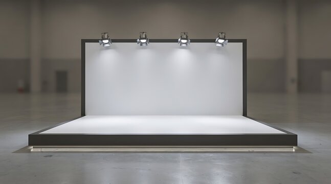 Empty stage with spotlights and a blank backdrop for presentations and events.