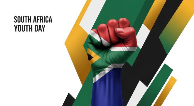 South Africa Youth Day fist raised, national flag painted, abstract background