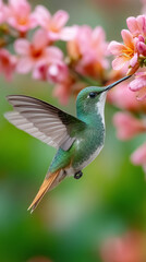 Naklejka premium Hummingbird feeding on pink blossoms in vibrant greenery