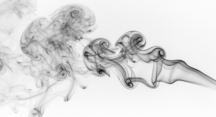 Fototapeta premium Gray smoke swirling on white background creating abstract curls and tendrils conveying a sense of movement and fluidity in a minimalist setting