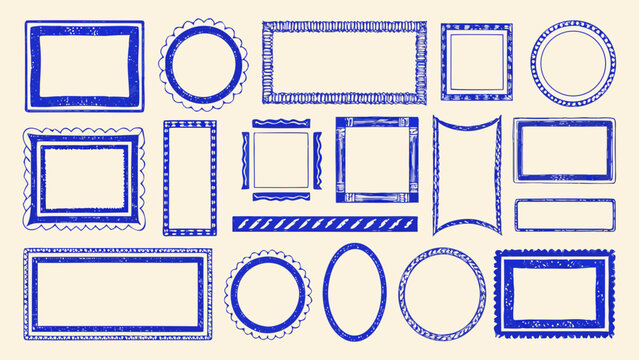 collection of blue hand drawn frame and border shapes on a light beige background