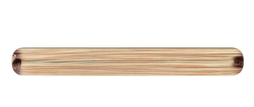 A long, narrow wooden plank with rounded edges, showing natural wood grain and knots, isolated on a white background.