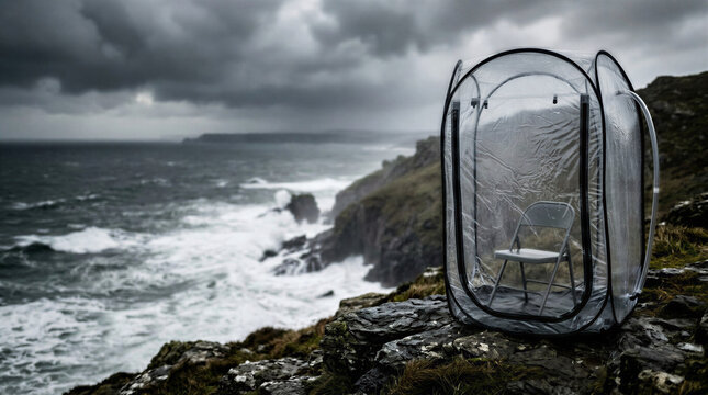 A portable medical isolator made of transparent plastic, placed on a rocky coastal cliff overlooking a grey ocean.