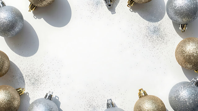 Cadre de No&euml;l avec boules paillet&eacute;es argent et or isol&eacute;es sur fond blanc
