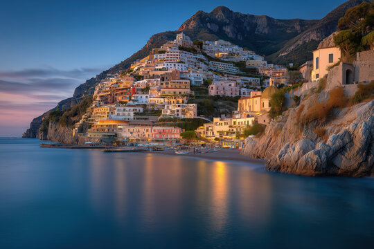 Sunset Over Amalfi Coast With Pastel Cliffside Houses