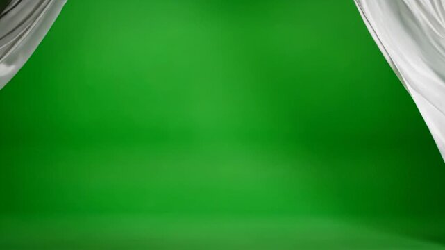 Elegant white silk curtains opening slowly on chroma key green screen background to reveal copy space for cinematic theater stage performance grand opening presentation movie premiere or wedding event