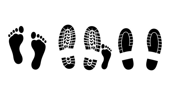 Diverse set of human bare footprints and shoe tread marks in solid black