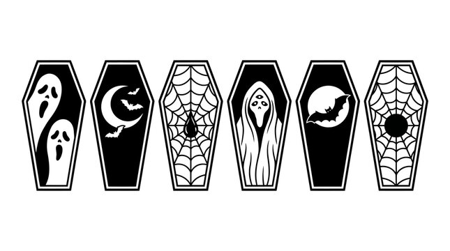 Halloween coffin icons with spooky designs halloween spiderweb celebration