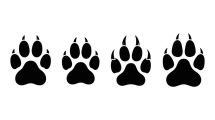 Fototapeta premium Four black paw print icons with animal track white background wild animal