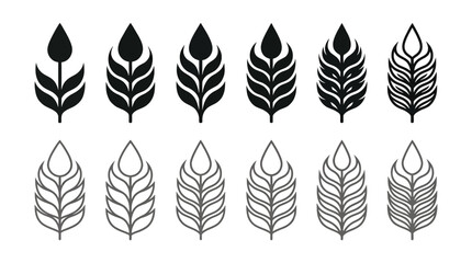 Collection of stylized wheat and grain stalk icons in solid and outline designs © mdfoysol