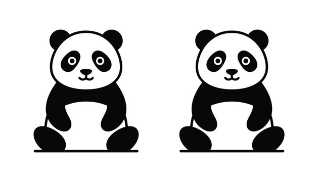 Cute sitting panda bear vector set showing adorable giant panda character in simple black and white flat design for wildlife conservation or mascot branding and children illustration projects