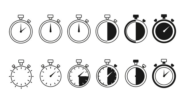 Stopwatch and timer icons: various stages of time measurement with count down