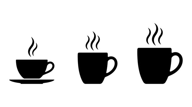 Steaming coffee cups and mugs icons set with hot beverage steam, line art