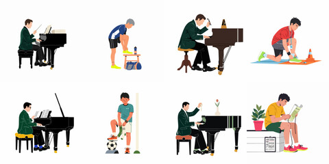 Flat illustration collection of a male pianist performing at a grand piano and young men preparing for athletic sports and fitness activities. © Muqodimatul