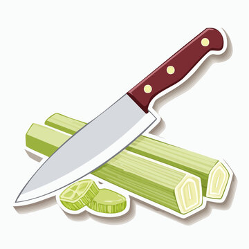 Celery Stalks and Slices with Chef's Knife