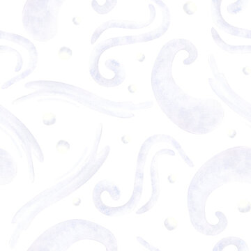 Winter snow blizzard watercolor seamless pattern on white. Hand drawn holiday repeat background with snowballs and frost swirls. Light and simple snowy backdrop for fabrics