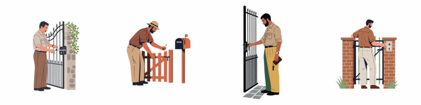 Vector illustrations of men opening and locking various house and garden gates with keys, including metal, wood, and brick fence designs.