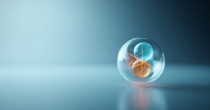 Abstract glowing spheres in transparent orb
