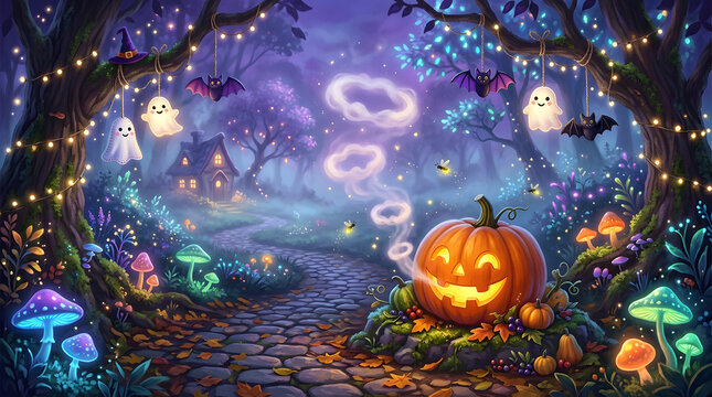 Whimsical Halloween forest path with glowing pumpkin and friendly ghosts under starry night sky