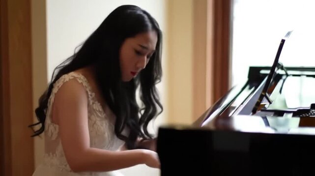 Elegant Asian Woman Plays Piano with Passion and Grace.