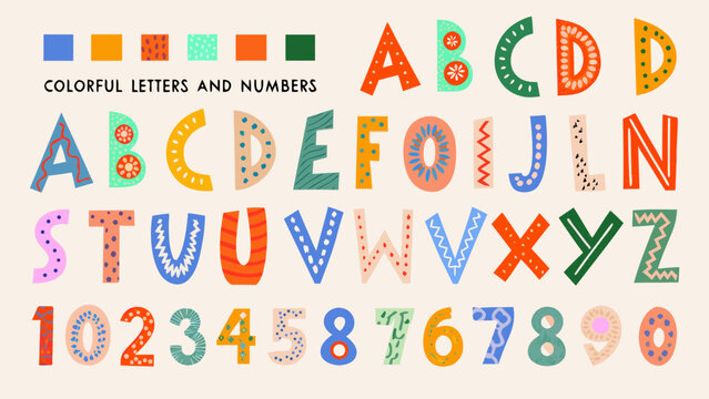 colorful alphabet and numbers set decorative hand drawn letters and numerals on white background