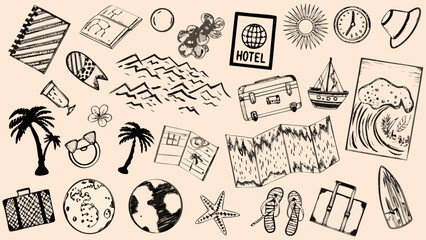 travel themed sketch collection with tropical elements luggage and hotel signage on a beige background © Nipa