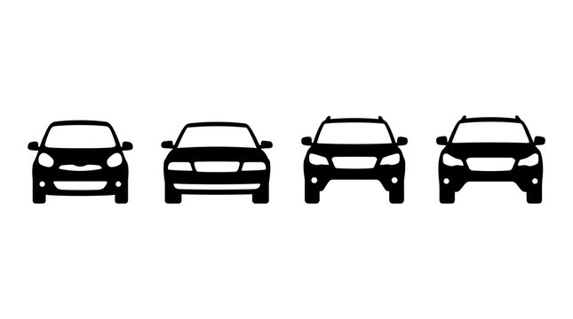 Simple front view silhouettes of four different generic passenger cars