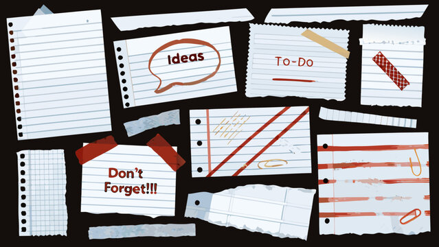 handwritten notes and scraps with tape a collection of paper memos on black background