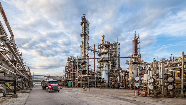 Tanker truck drives in refinery