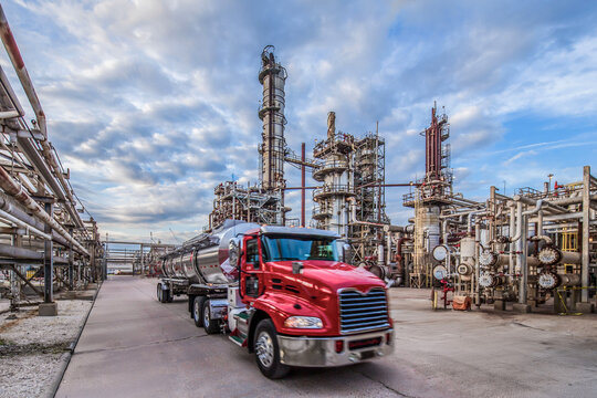 Tanker truck drives in refinery