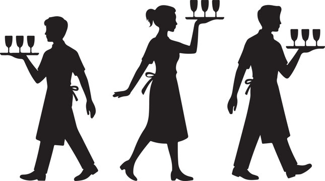 Three waiters carrying wine glasses on trays
