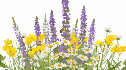 a vibrant cluster of wildflowers with a ladybug vector illustration on a white background © Nipa