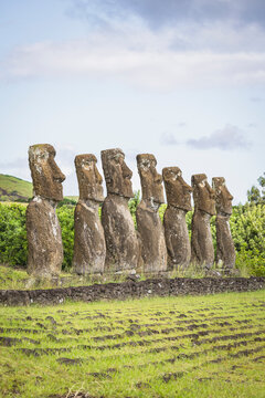 Seven Moai statues standing in a row on Easter Island