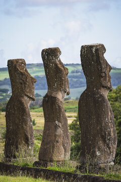 Three stone Moai statues stand in profile